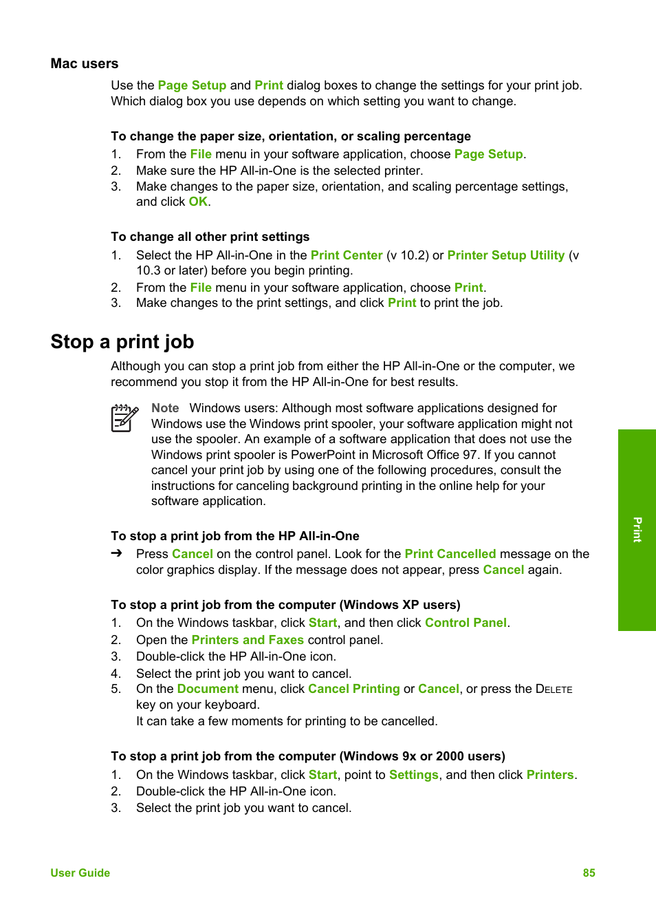 Mac users, Stop a print job | HP Photosmart 3110 All-in-One Printer User Manual | Page 88 / 166