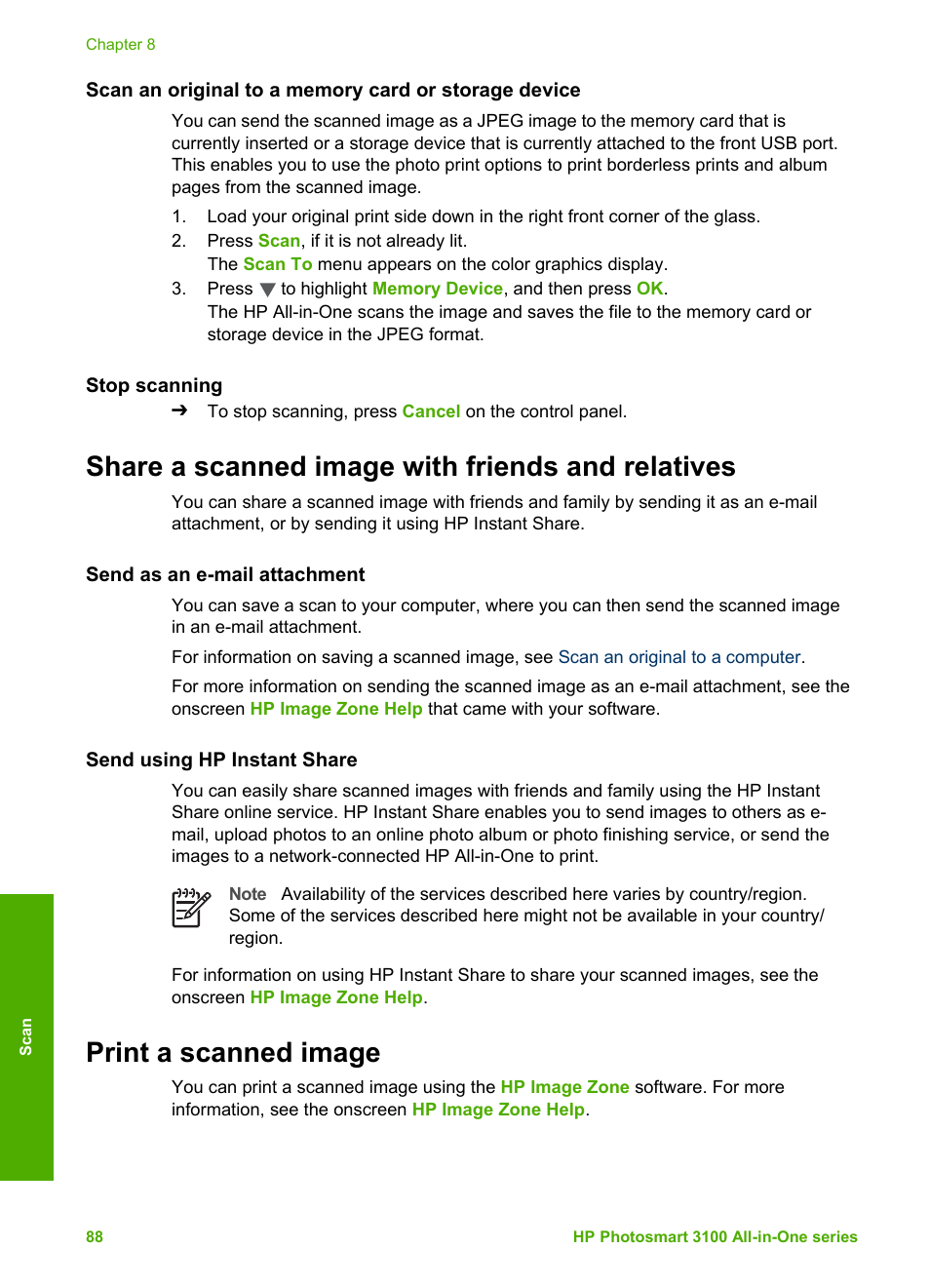 Stop scanning, Share a scanned image with friends and relatives, Send as an e-mail attachment | Send using hp instant share, Print a scanned image | HP Photosmart 3110 All-in-One Printer User Manual | Page 91 / 166