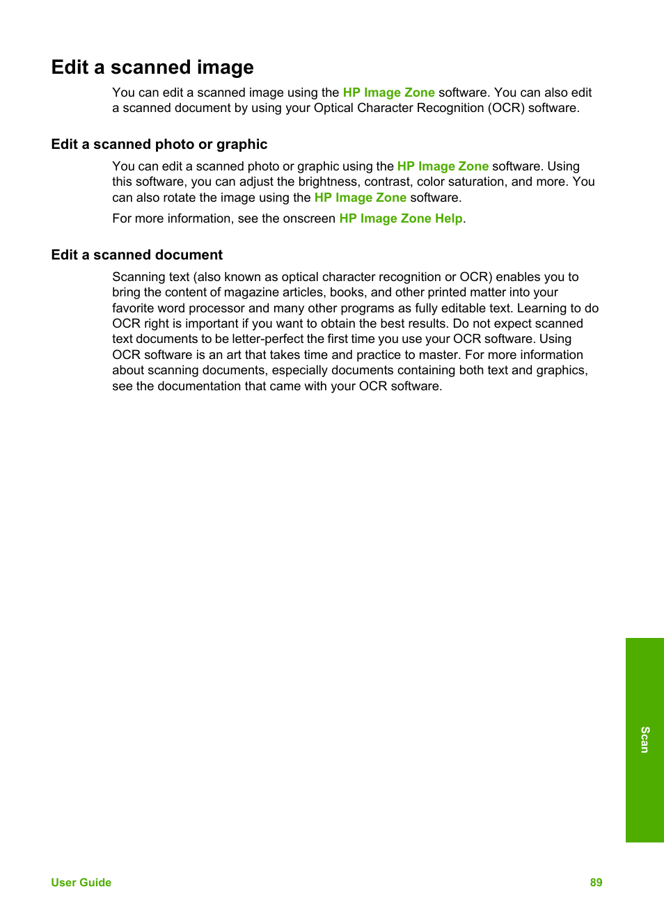 Edit a scanned image, Edit a scanned photo or graphic, Edit a scanned document | HP Photosmart 3110 All-in-One Printer User Manual | Page 92 / 166