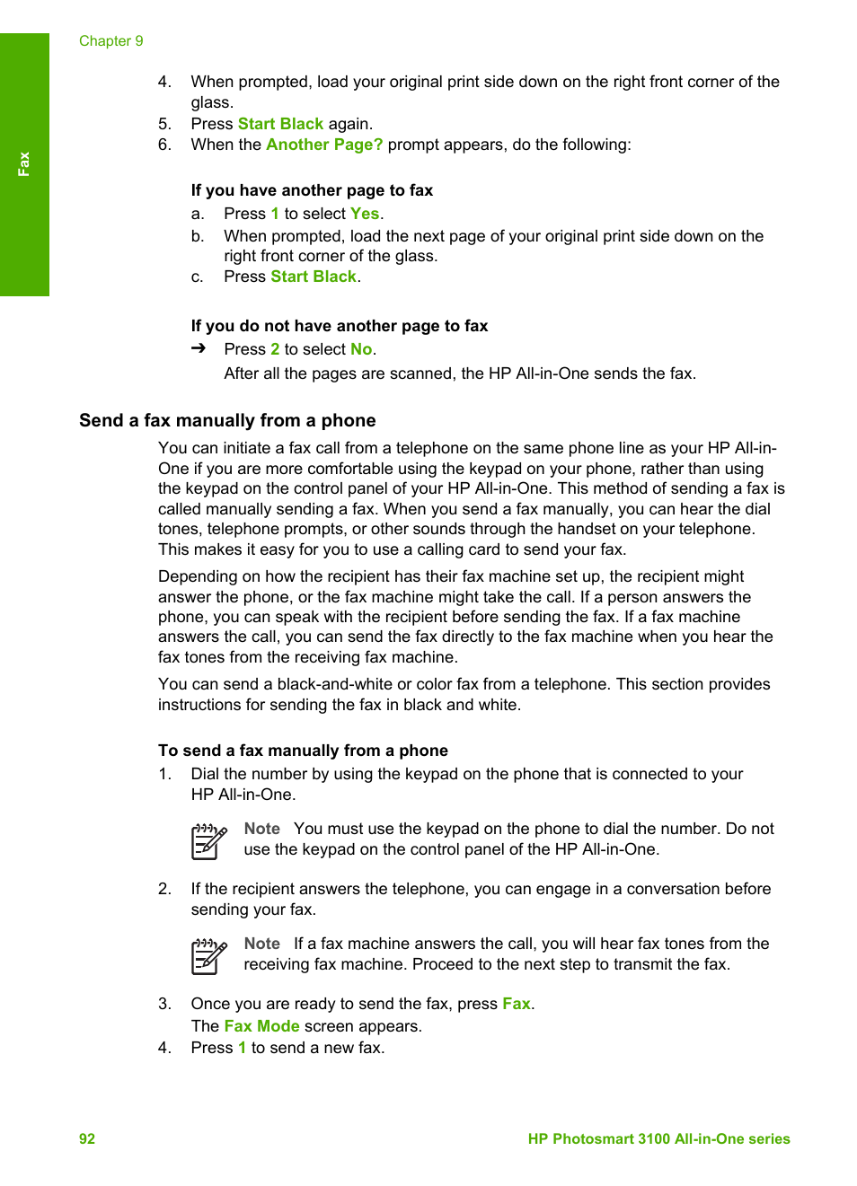 Send a fax manually from a phone, Send, A fax manually from a phone | HP Photosmart 3110 All-in-One Printer User Manual | Page 95 / 166