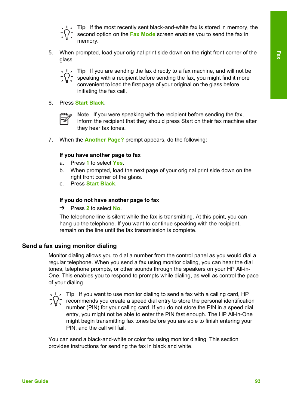 Send a fax using monitor dialing | HP Photosmart 3110 All-in-One Printer User Manual | Page 96 / 166