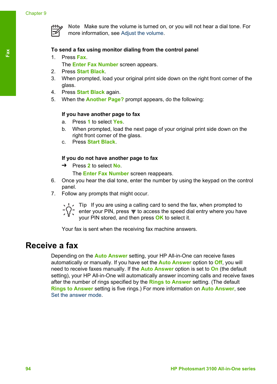 Receive a fax | HP Photosmart 3110 All-in-One Printer User Manual | Page 97 / 166