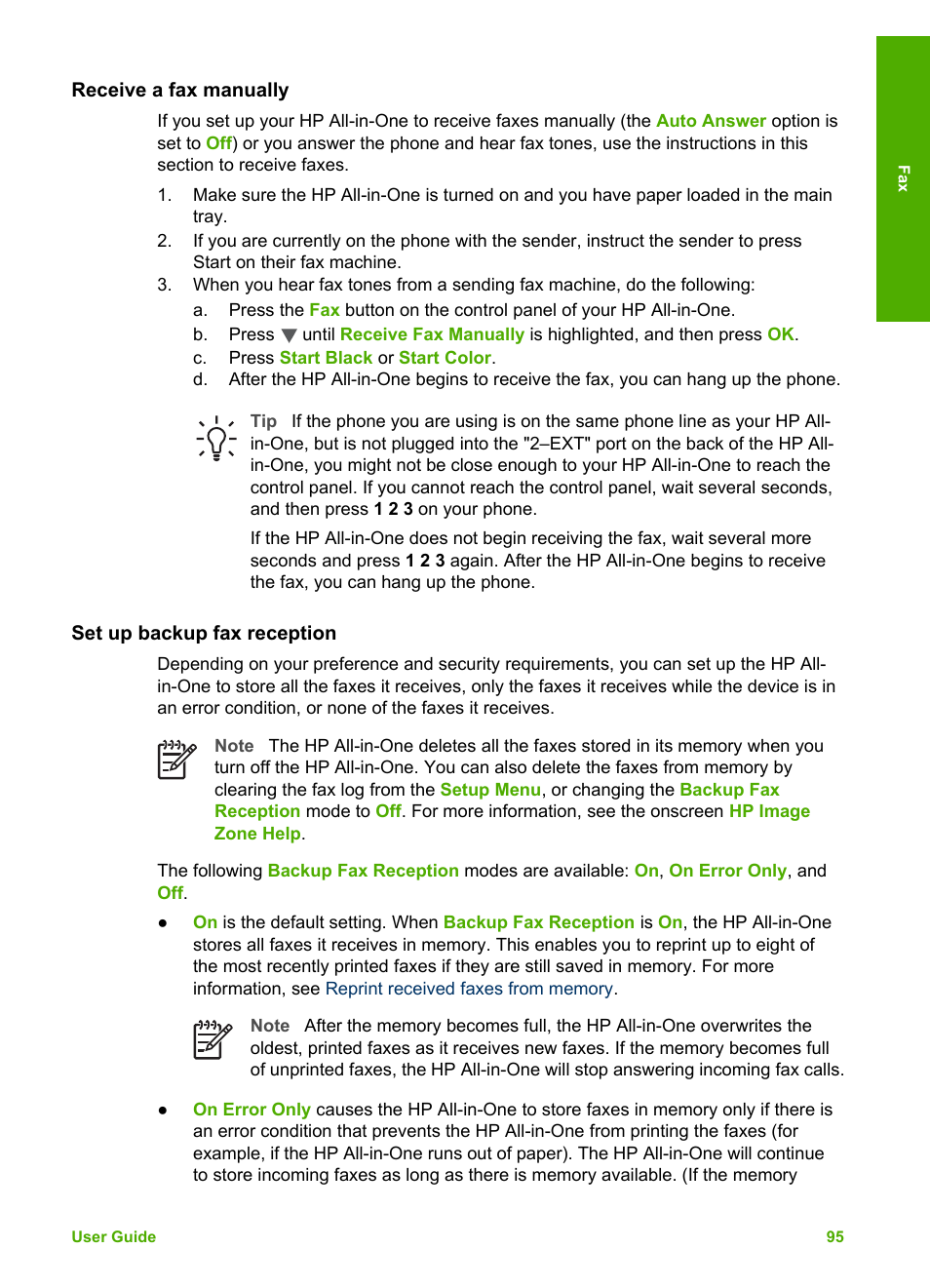 Receive a fax manually, Set up backup fax reception, Receive a | Fax manually | HP Photosmart 3110 All-in-One Printer User Manual | Page 98 / 166