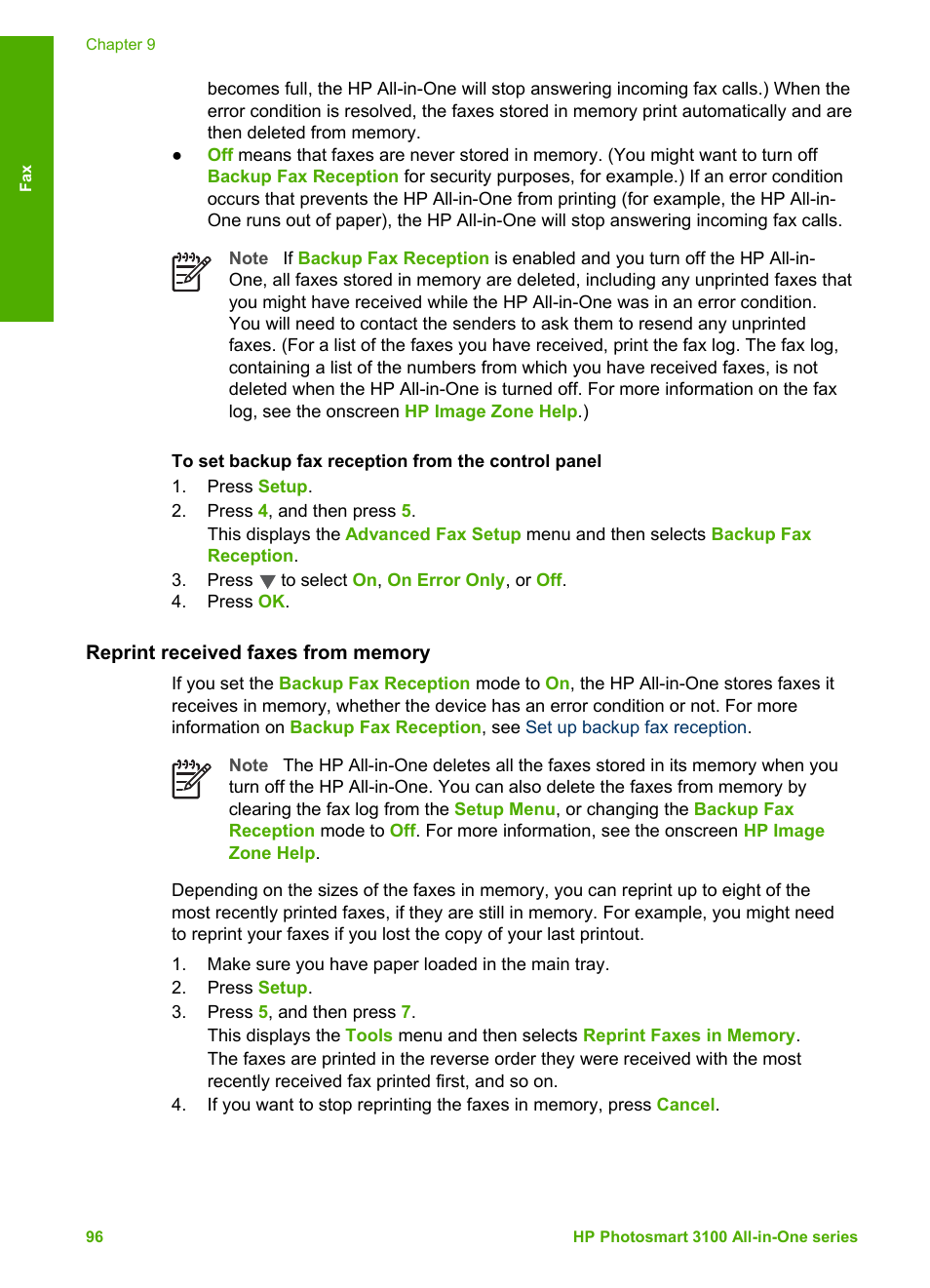 Reprint received faxes from memory | HP Photosmart 3110 All-in-One Printer User Manual | Page 99 / 166