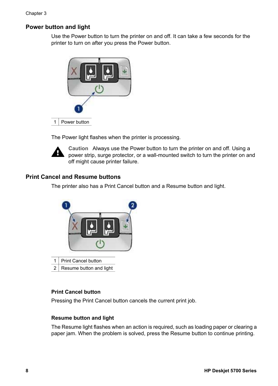 Power button and light, Print cancel and resume buttons, Print cancel button | Resume button and light | HP Deskjet 5740 Color Inkjet Printer User Manual | Page 10 / 104