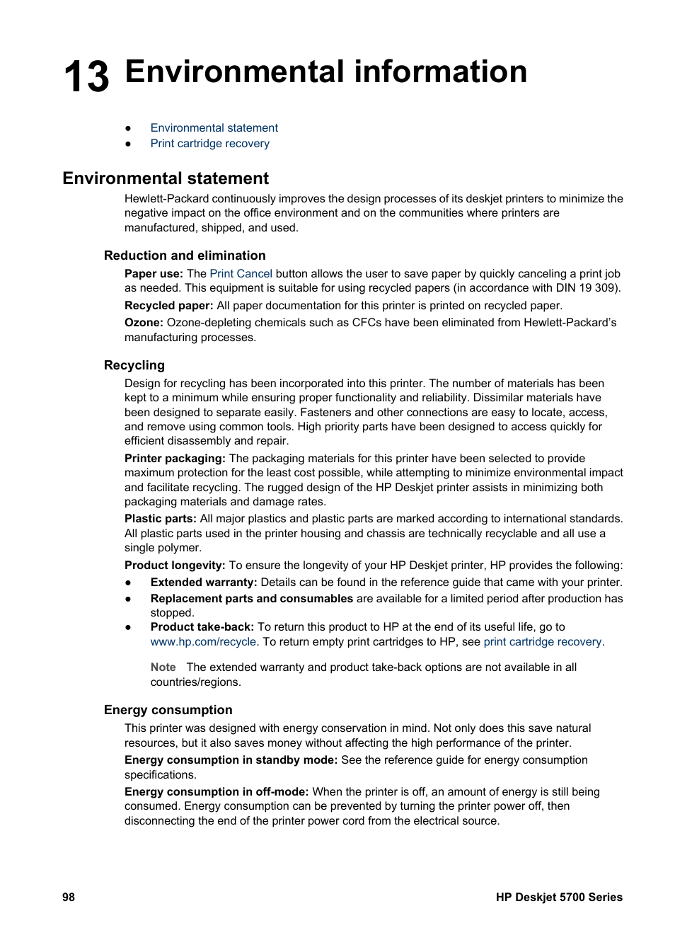 Environmental information, Environmental statement, Reduction and elimination | Recycling, Energy consumption, 13 environmental information | HP Deskjet 5740 Color Inkjet Printer User Manual | Page 100 / 104