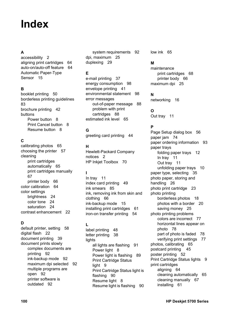 Index | HP Deskjet 5740 Color Inkjet Printer User Manual | Page 102 / 104