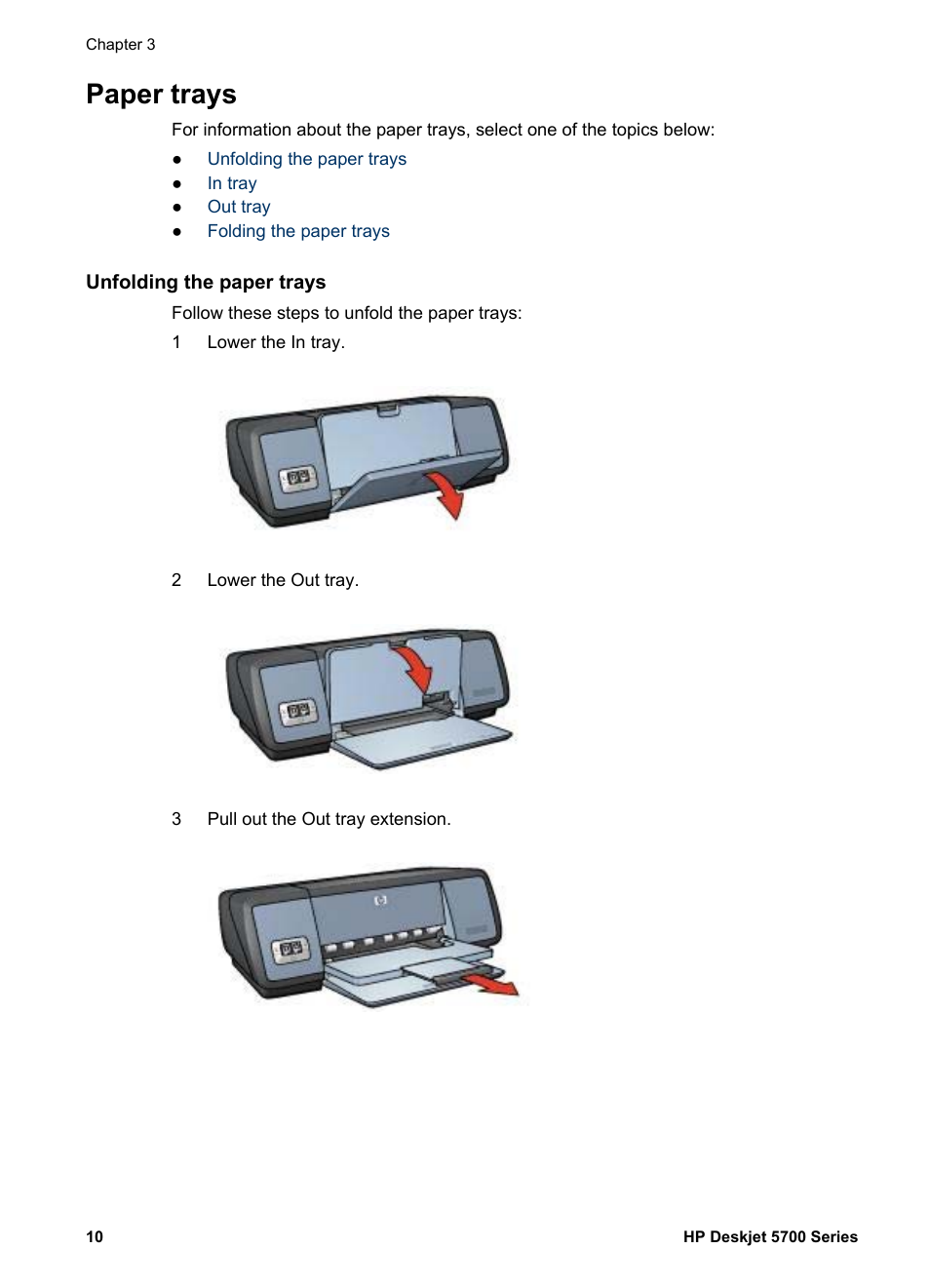 Paper trays, Unfolding the paper trays | HP Deskjet 5740 Color Inkjet Printer User Manual | Page 12 / 104