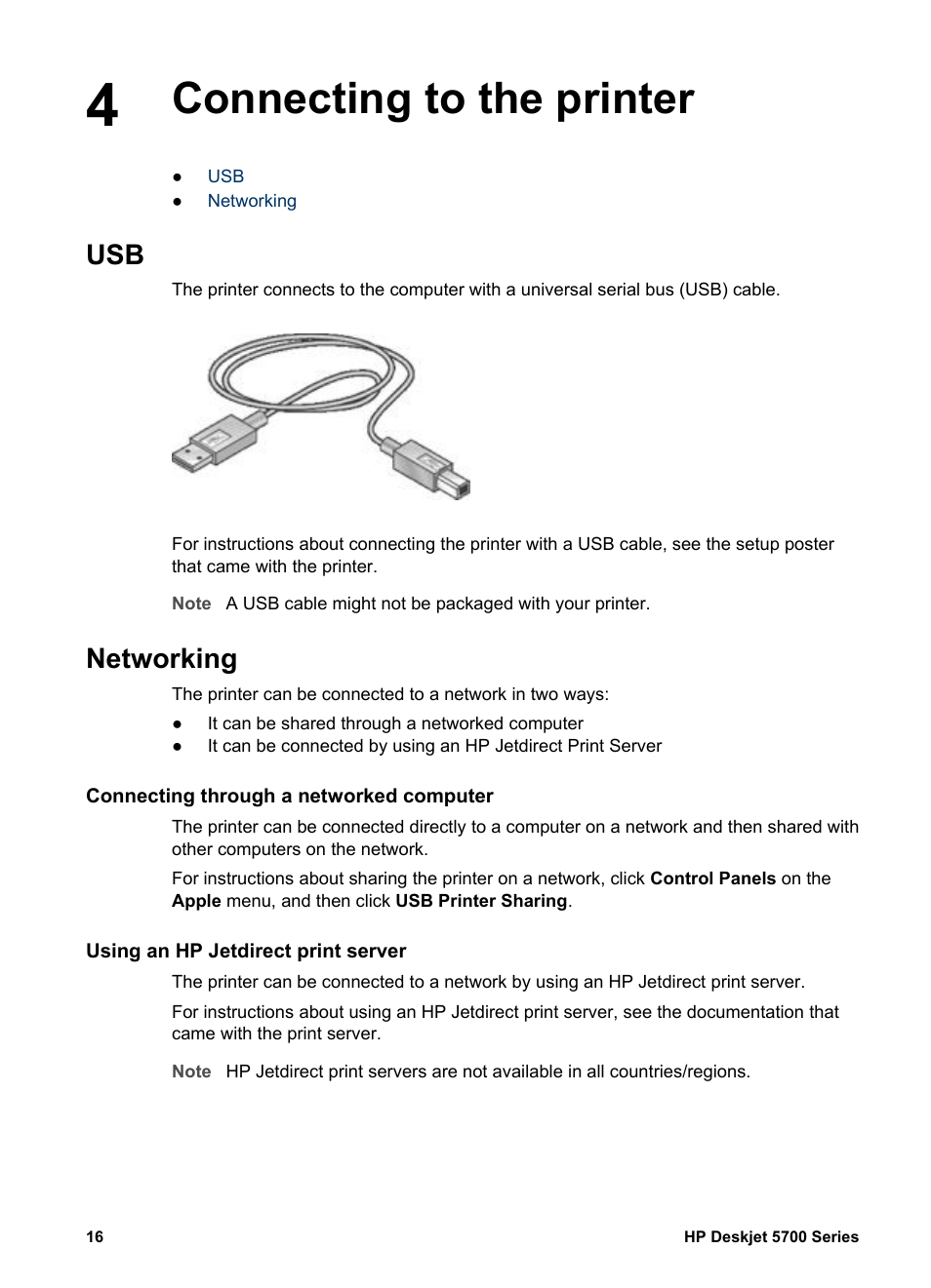 Connecting to the printer, Networking, Connecting through a networked computer | Using an hp jetdirect print server, Usb port | HP Deskjet 5740 Color Inkjet Printer User Manual | Page 18 / 104