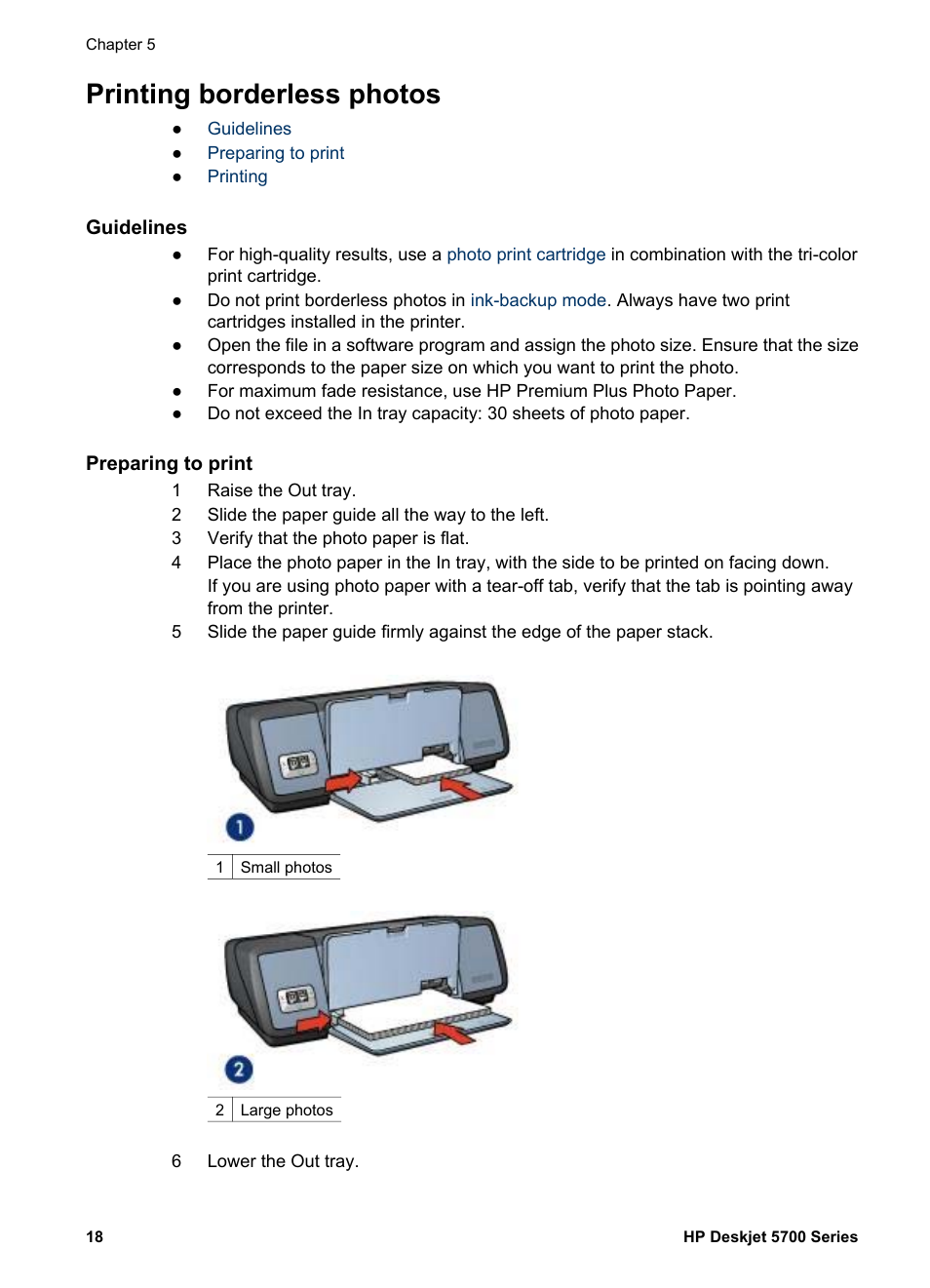 Printing borderless photos, Guidelines, Preparing to print | Printing, Photos, Borderless photo | HP Deskjet 5740 Color Inkjet Printer User Manual | Page 20 / 104