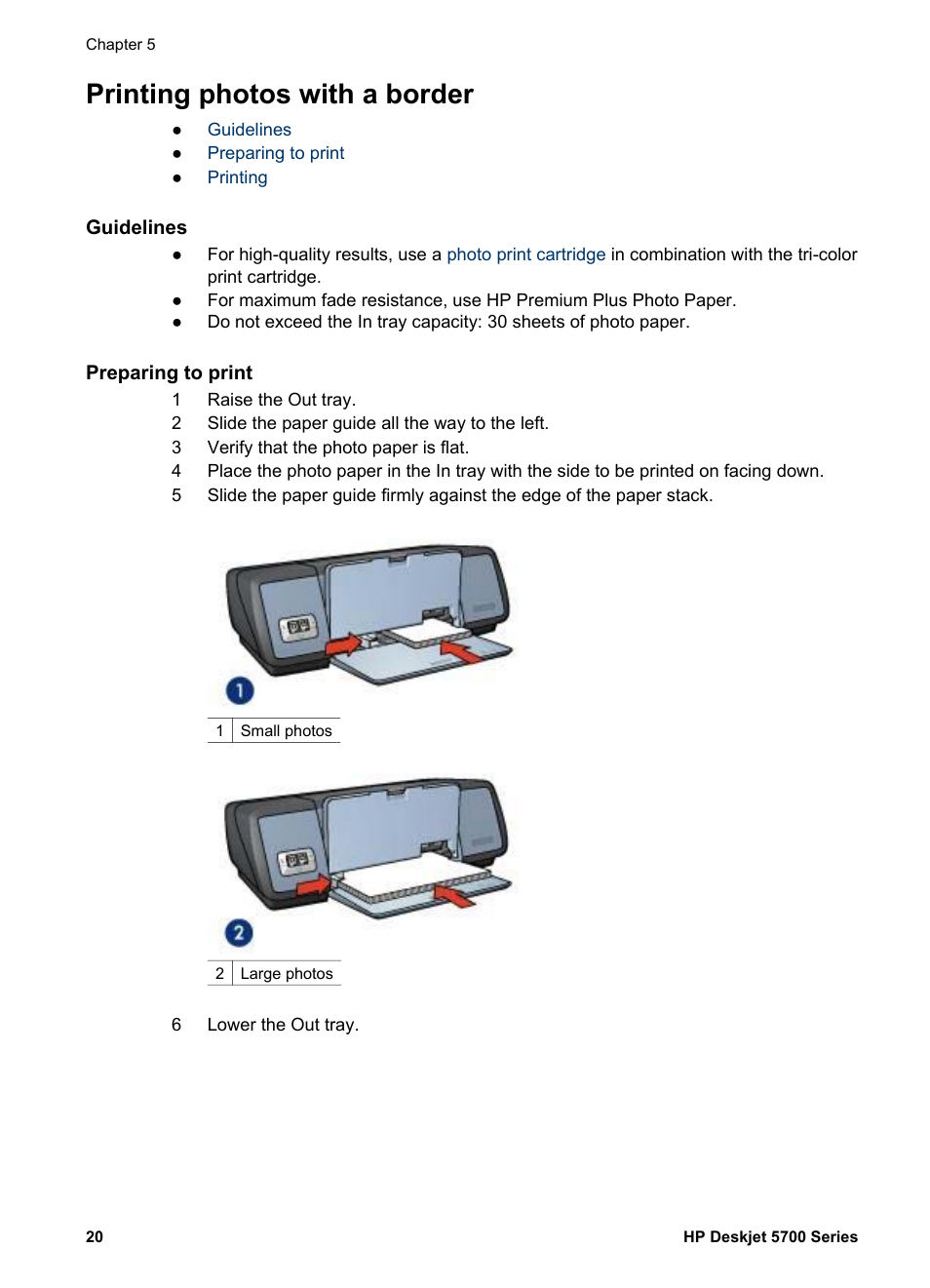 Printing photos with a border, Guidelines, Preparing to print | Border | HP Deskjet 5740 Color Inkjet Printer User Manual | Page 22 / 104