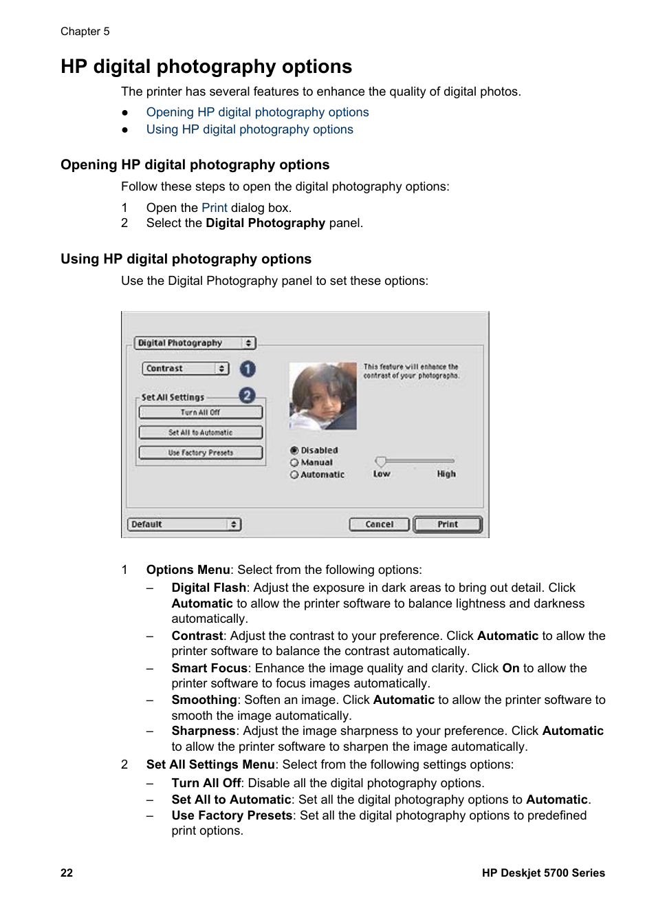 Hp digital photography options, Opening hp digital photography options, Using hp digital photography options | Printer’s, Digital photo printing, Hp digital photography, Options to touch | HP Deskjet 5740 Color Inkjet Printer User Manual | Page 24 / 104