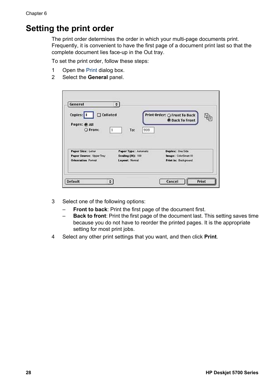 Setting the print order, Set the order | HP Deskjet 5740 Color Inkjet Printer User Manual | Page 30 / 104