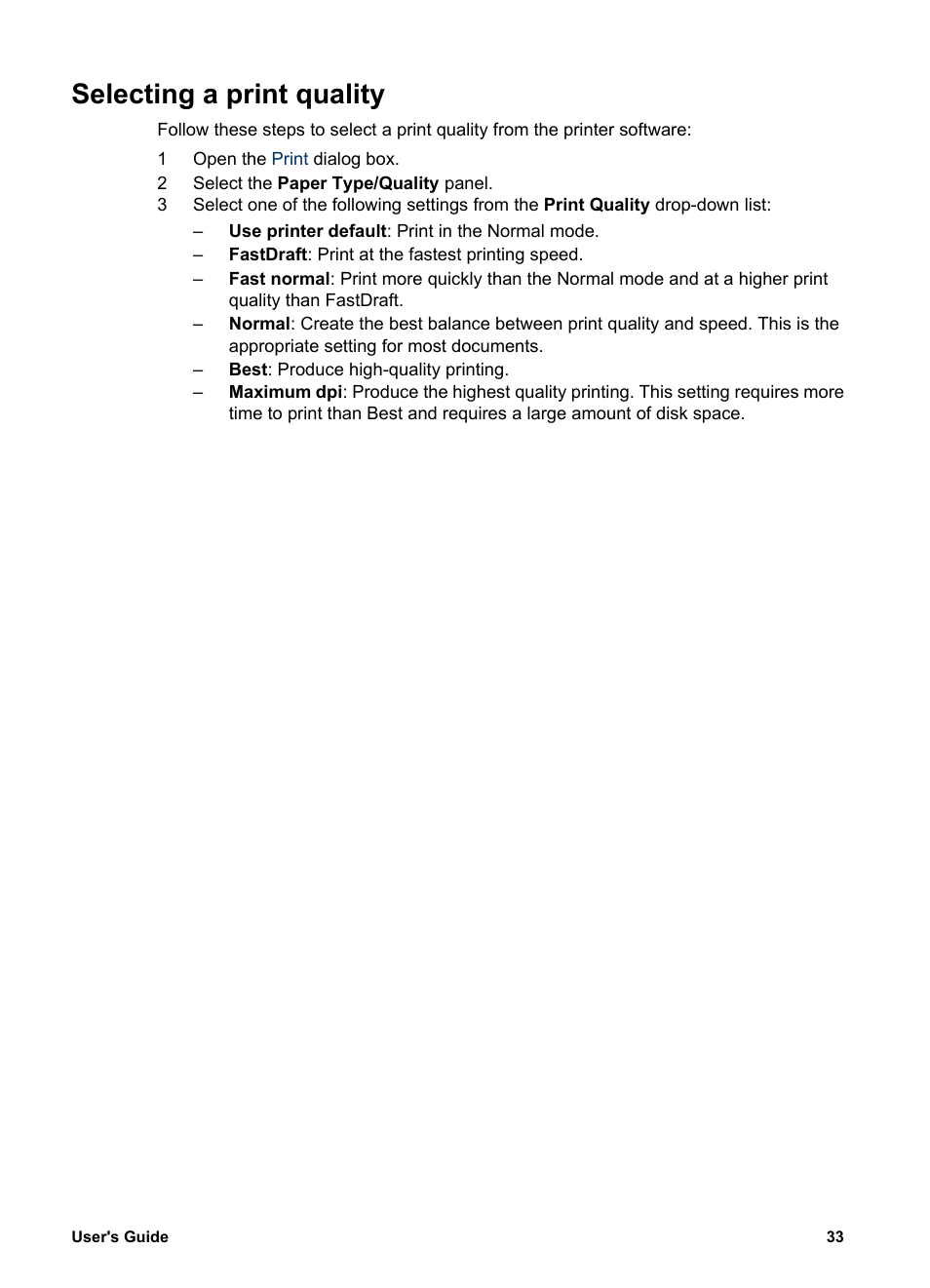 Selecting a print quality, Print quality | HP Deskjet 5740 Color Inkjet Printer User Manual | Page 35 / 104
