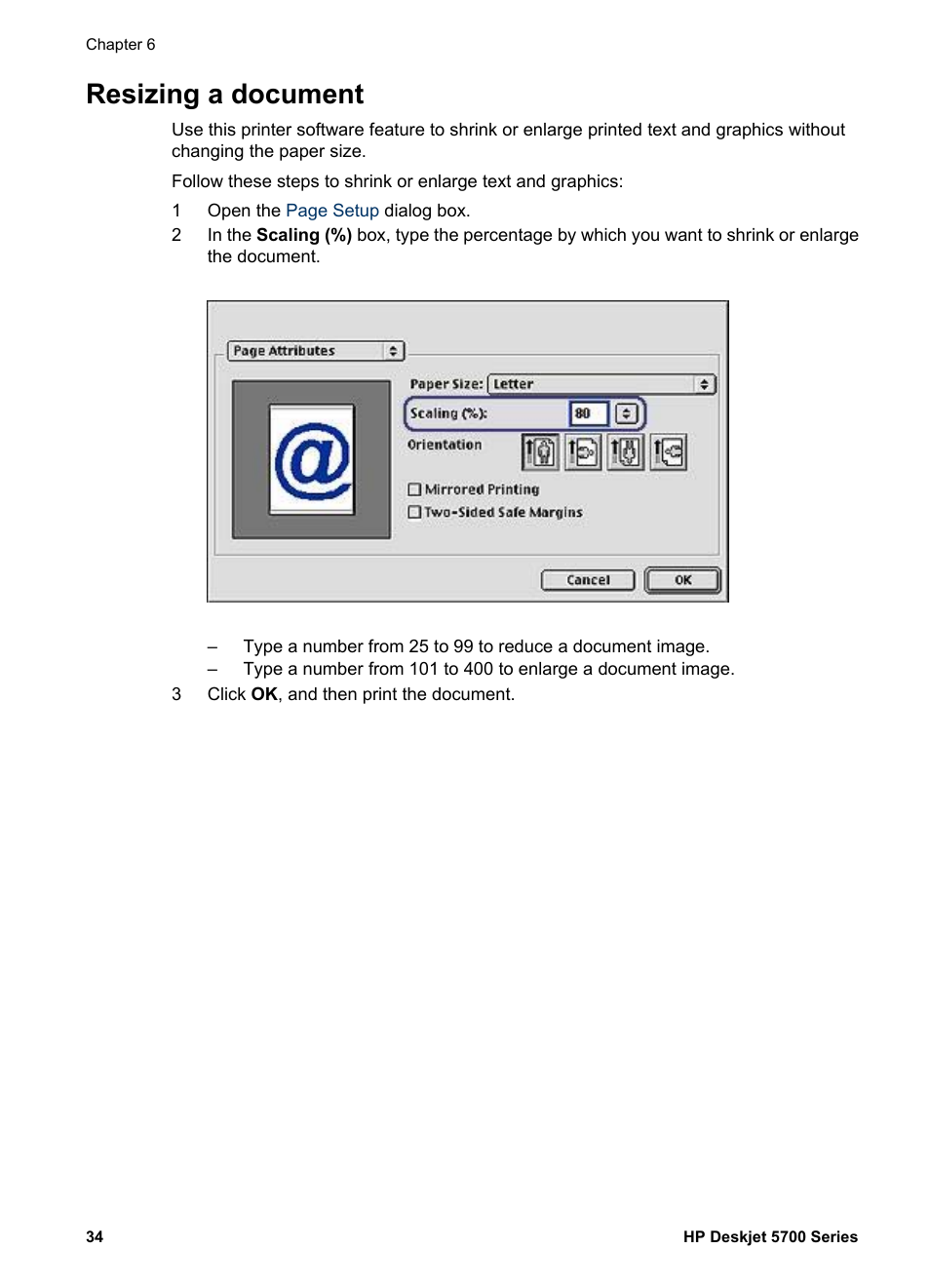 Resizing a document, Resize, The document as needed | HP Deskjet 5740 Color Inkjet Printer User Manual | Page 36 / 104