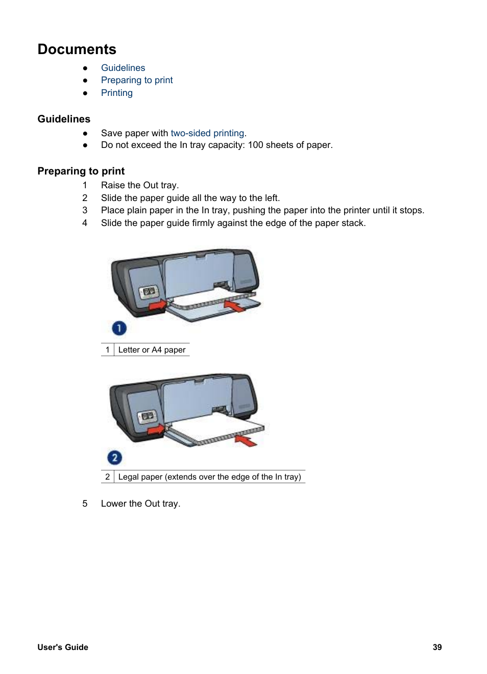 Documents, Guidelines, Preparing to print | HP Deskjet 5740 Color Inkjet Printer User Manual | Page 41 / 104