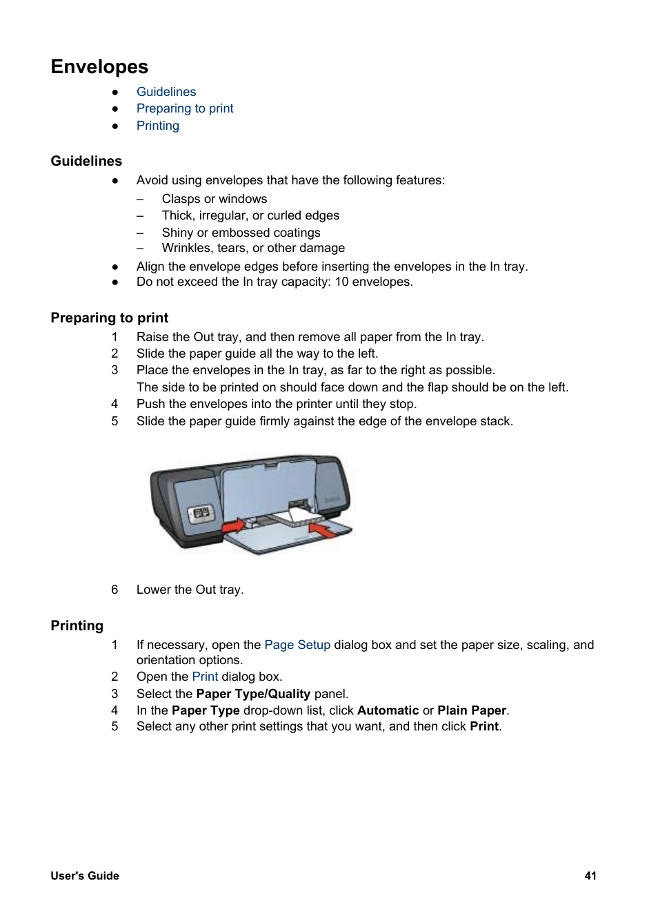 Envelopes, Guidelines, Preparing to print | Printing, An envelope, see | HP Deskjet 5740 Color Inkjet Printer User Manual | Page 43 / 104