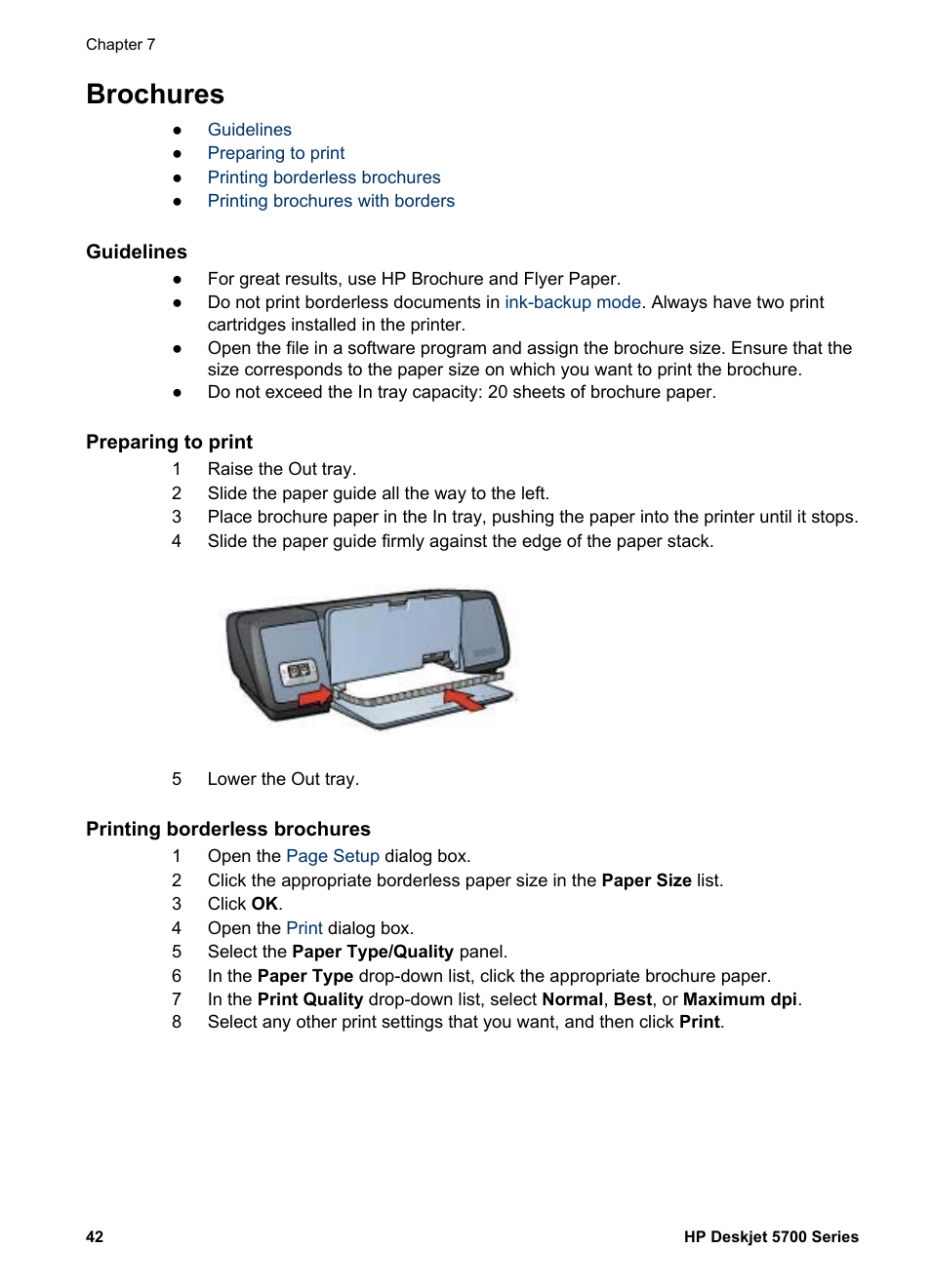 Brochures, Guidelines, Preparing to print | Printing borderless brochures | HP Deskjet 5740 Color Inkjet Printer User Manual | Page 44 / 104