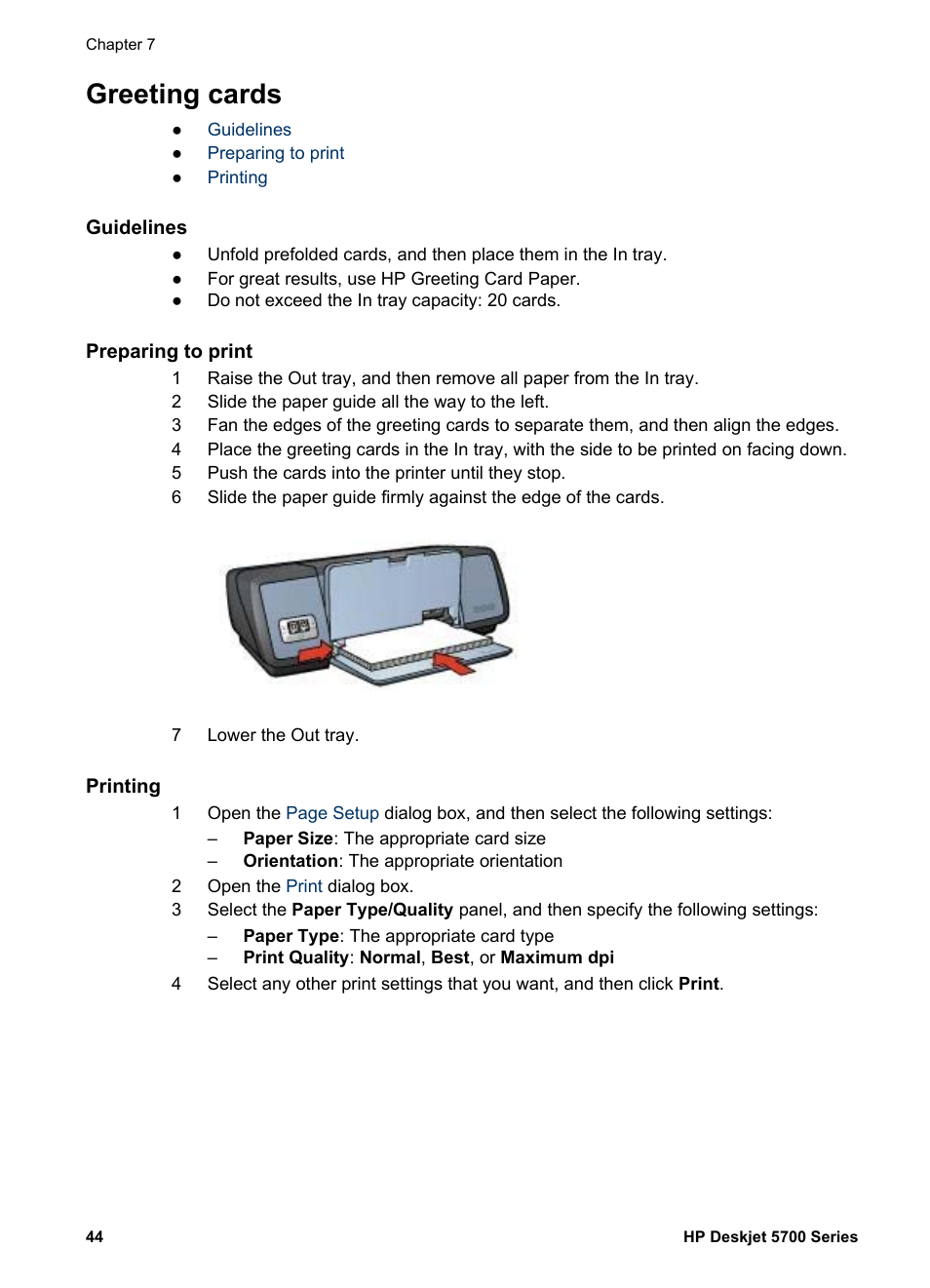 Greeting cards, Guidelines, Preparing to print | Printing | HP Deskjet 5740 Color Inkjet Printer User Manual | Page 46 / 104