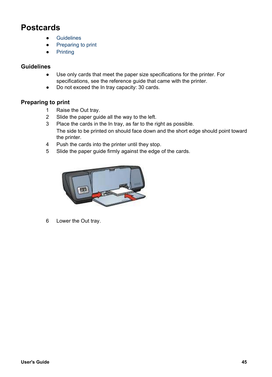 Postcards, Guidelines, Preparing to print | HP Deskjet 5740 Color Inkjet Printer User Manual | Page 47 / 104