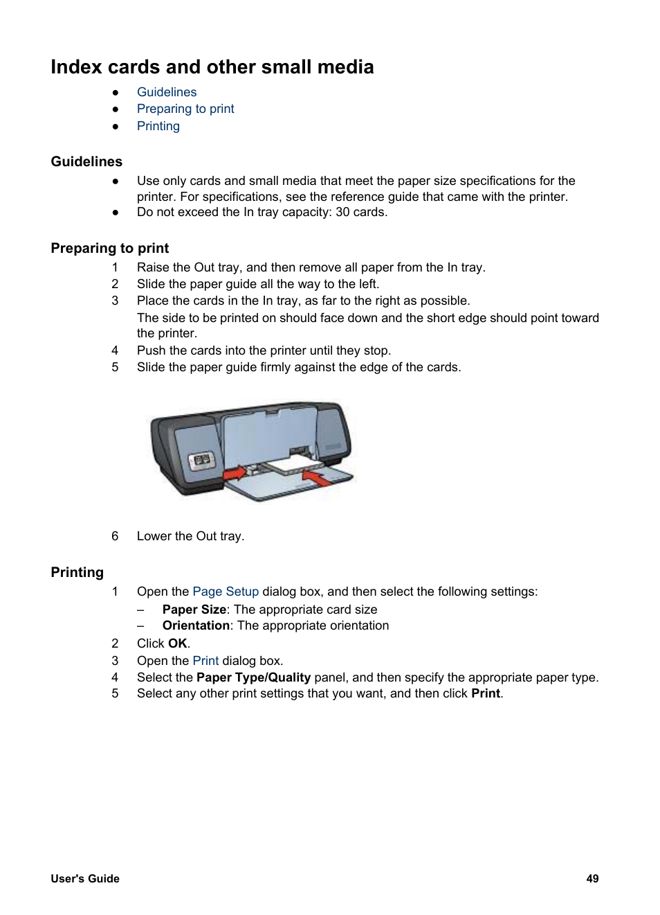 Index cards and other small media, Guidelines, Preparing to print | Printing, Index cards | HP Deskjet 5740 Color Inkjet Printer User Manual | Page 51 / 104