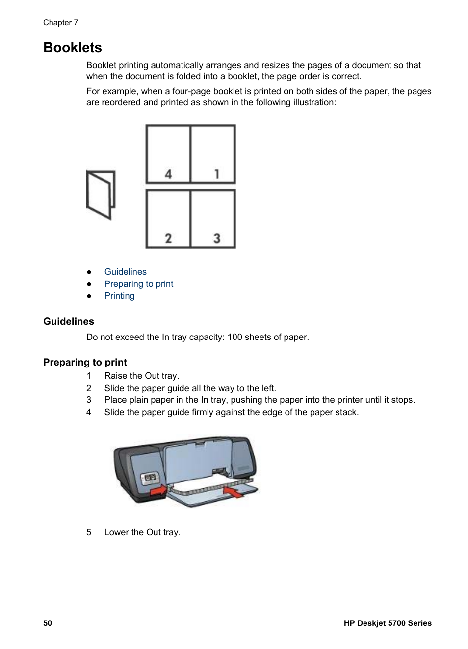 Booklets, Guidelines, Preparing to print | HP Deskjet 5740 Color Inkjet Printer User Manual | Page 52 / 104