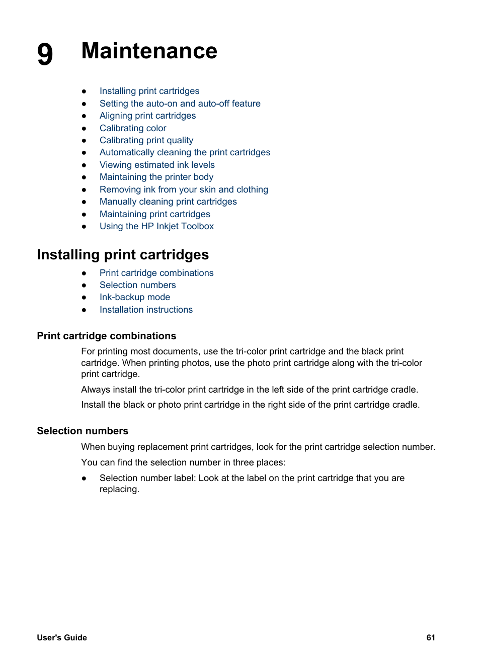 Maintenance, Installing print cartridges, Print cartridge combinations | Selection numbers, Maintenance installing print cartridges | HP Deskjet 5740 Color Inkjet Printer User Manual | Page 63 / 104