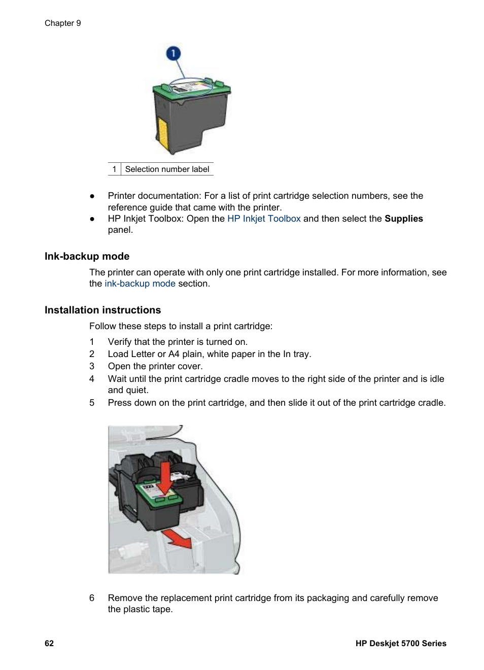 Ink-backup mode, Installation instructions, See the | Print cartridge, Installation, Print cartridge installation, Then, Install | HP Deskjet 5740 Color Inkjet Printer User Manual | Page 64 / 104