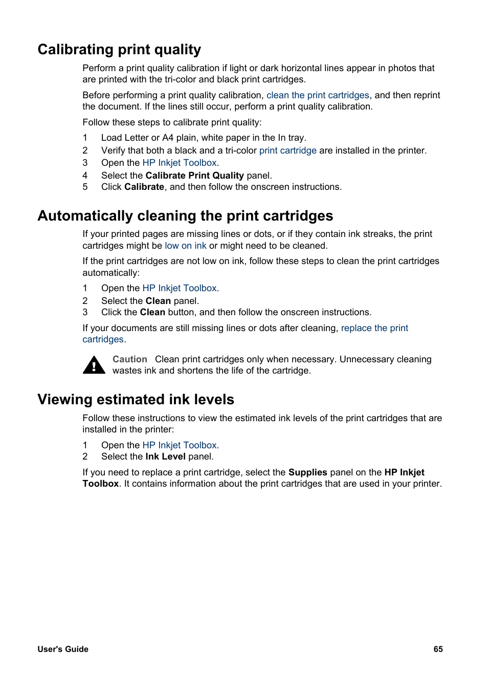 Calibrating print quality, Automatically cleaning the print cartridges, Viewing estimated ink levels | HP Deskjet 5740 Color Inkjet Printer User Manual | Page 67 / 104