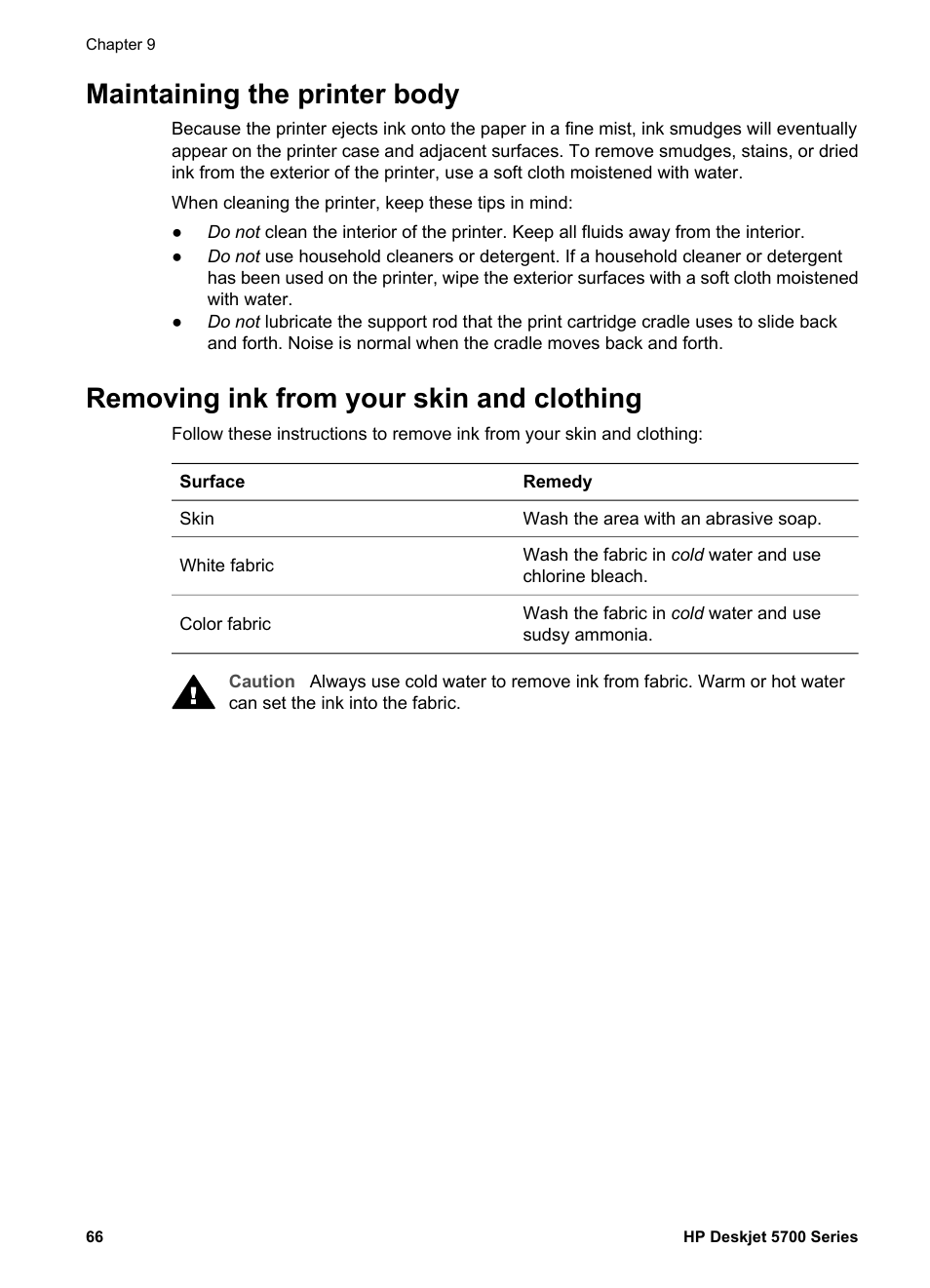 Maintaining the printer body, Removing ink from your skin and clothing | HP Deskjet 5740 Color Inkjet Printer User Manual | Page 68 / 104