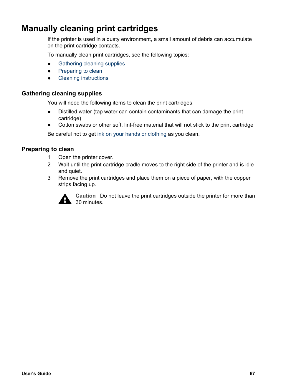 Manually cleaning print cartridges, Gathering cleaning supplies, Preparing to clean | HP Deskjet 5740 Color Inkjet Printer User Manual | Page 69 / 104