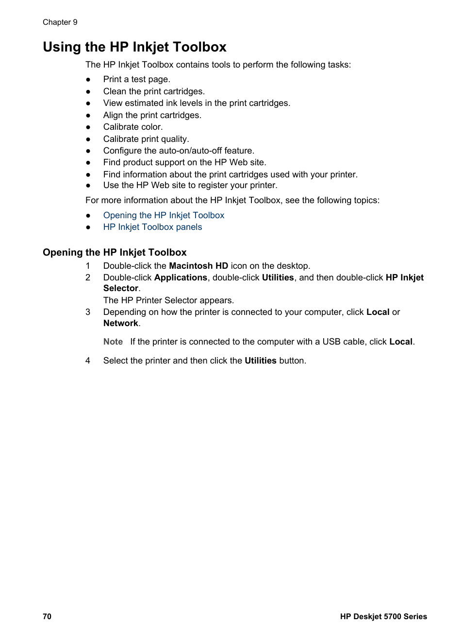 Using the hp inkjet toolbox, Opening the hp inkjet toolbox, Hp inkjet toolbox | HP Deskjet 5740 Color Inkjet Printer User Manual | Page 72 / 104