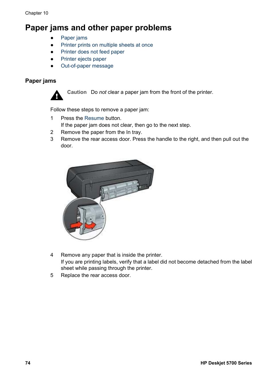 Paper jams and other paper problems, Paper jams | HP Deskjet 5740 Color Inkjet Printer User Manual | Page 76 / 104