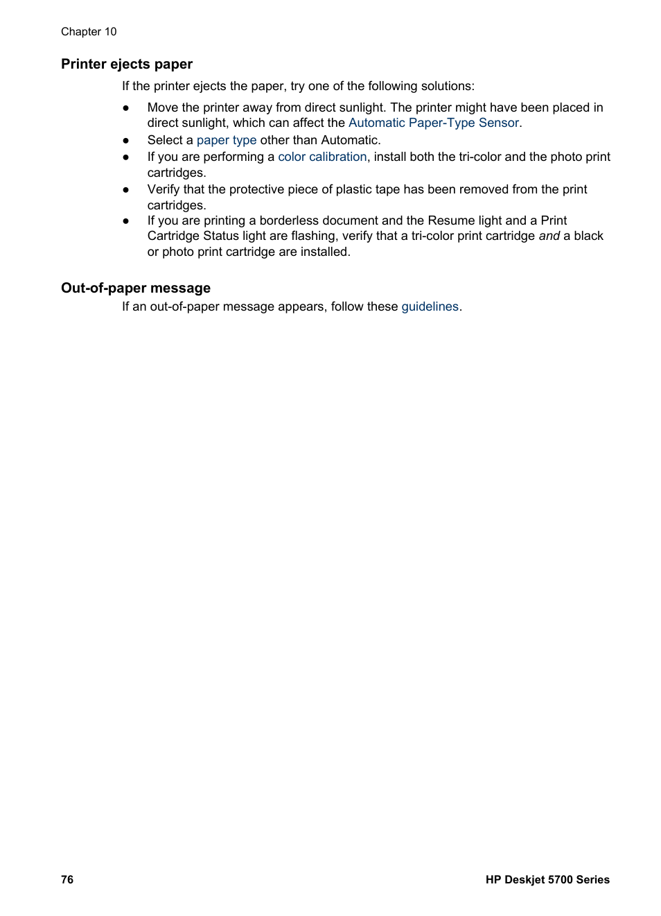 Printer ejects paper, Out-of-paper message | HP Deskjet 5740 Color Inkjet Printer User Manual | Page 78 / 104