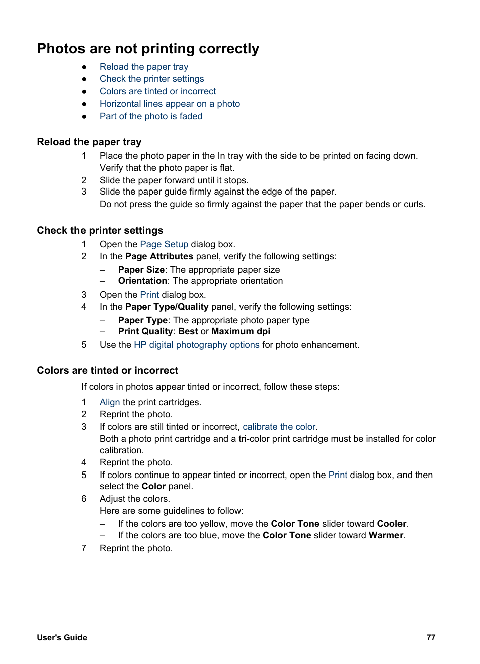 Photos are not printing correctly, Reload the paper tray, Check the printer settings | Colors are tinted or incorrect | HP Deskjet 5740 Color Inkjet Printer User Manual | Page 79 / 104