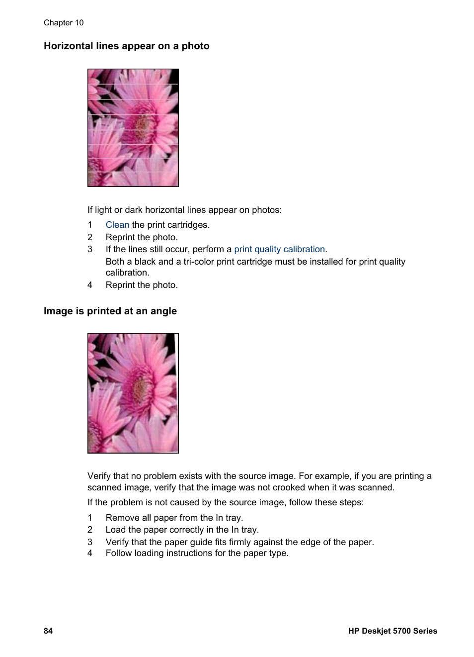 Horizontal lines appear on a photo, Image is printed at an angle | HP Deskjet 5740 Color Inkjet Printer User Manual | Page 86 / 104