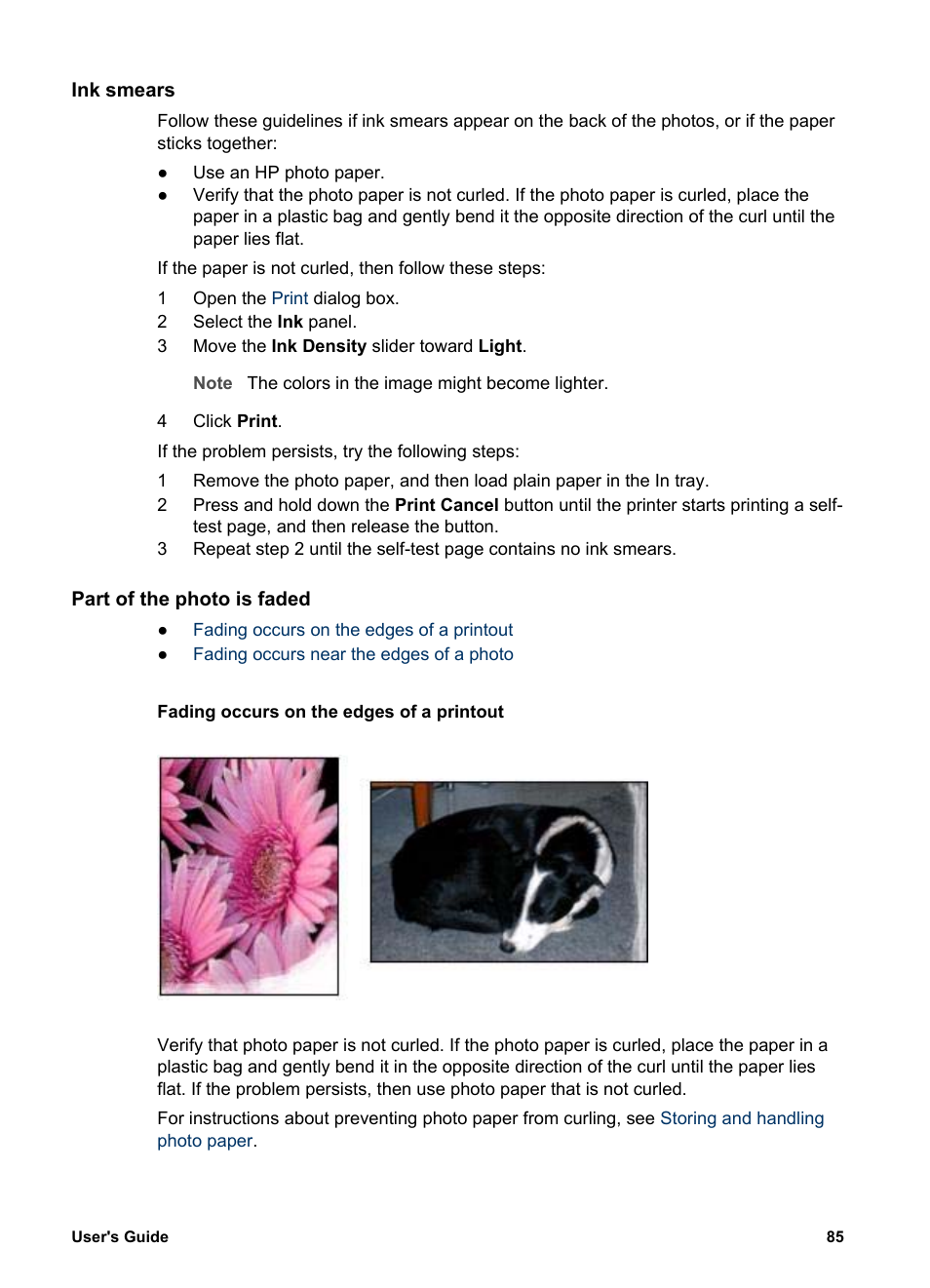 Ink smears, Part of the photo is faded, Fading occurs on the edges of a printout | Fading occurs near the edges of a photo | HP Deskjet 5740 Color Inkjet Printer User Manual | Page 87 / 104