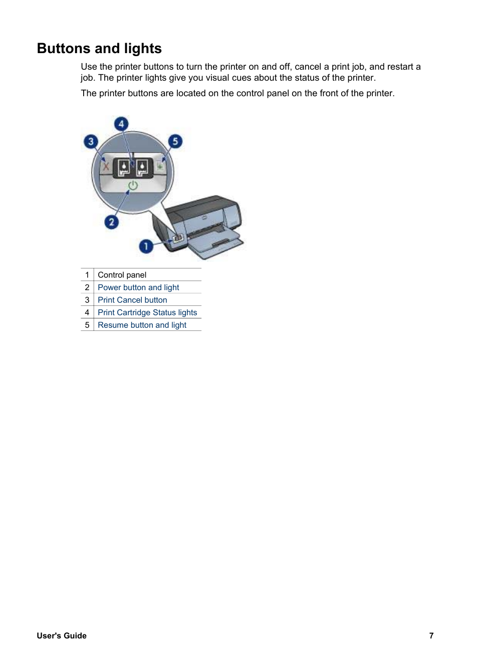 Buttons and lights | HP Deskjet 5740 Color Inkjet Printer User Manual | Page 9 / 104