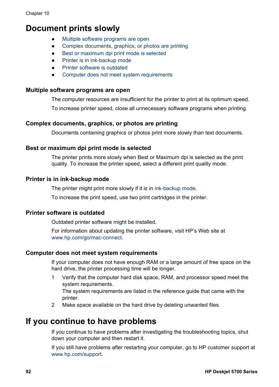 Document prints slowly, Multiple software programs are open, Best or maximum dpi print mode is selected | Printer is in ink-backup mode, Printer software is outdated, Computer does not meet system requirements, If you continue to have problems | HP Deskjet 5740 Color Inkjet Printer User Manual | Page 94 / 104