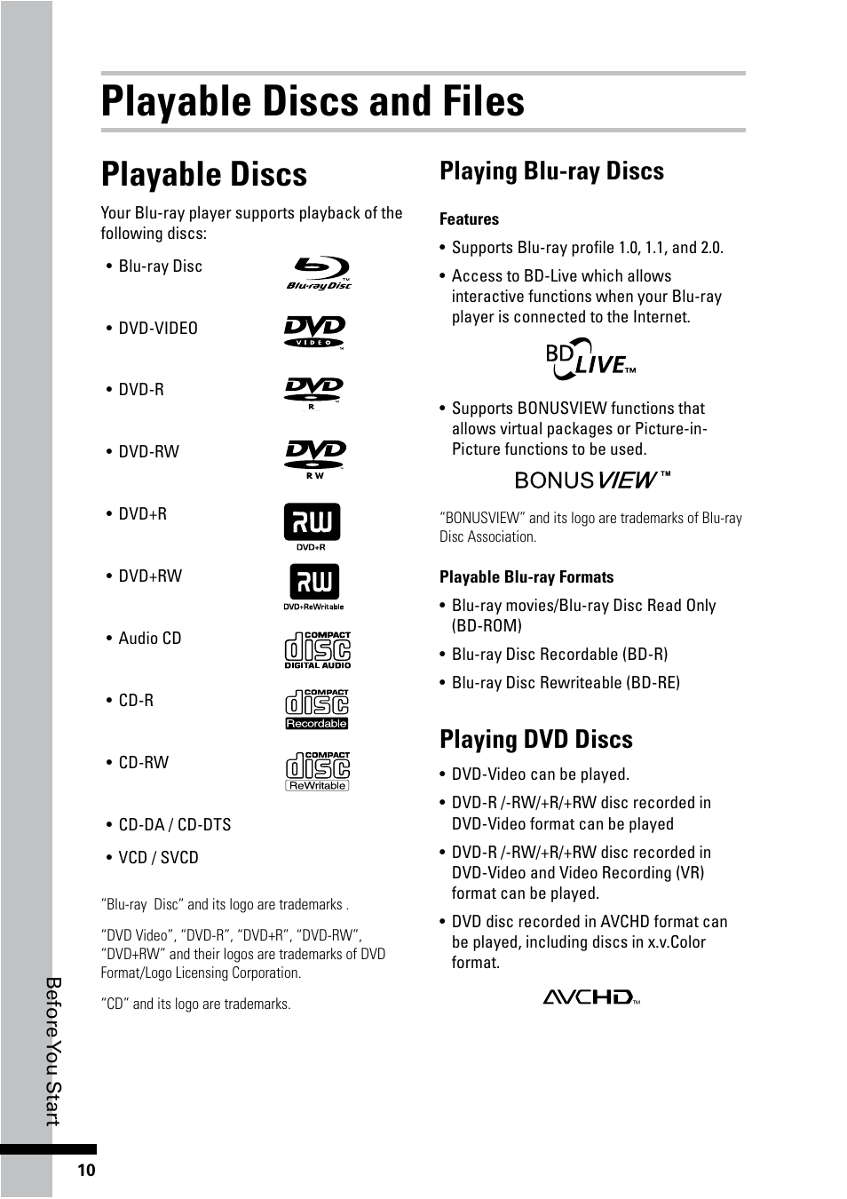 Playable discs and files, Playable discs, Playing blu-ray discs | Playing dvd discs | HP BD-2000 Blu-ray Disc Player User Manual | Page 10 / 66