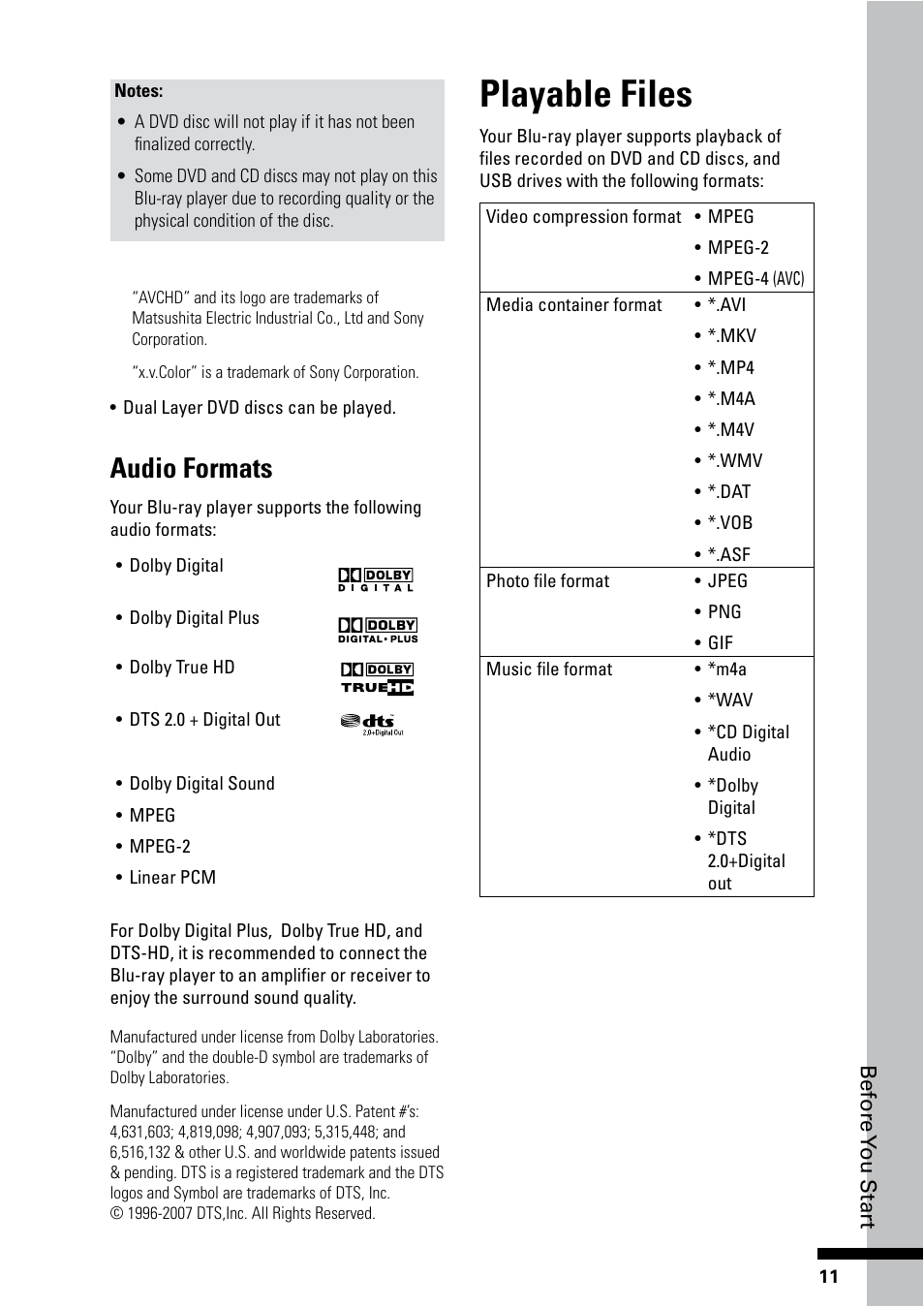 Playable files, Audio formats | HP BD-2000 Blu-ray Disc Player User Manual | Page 11 / 66