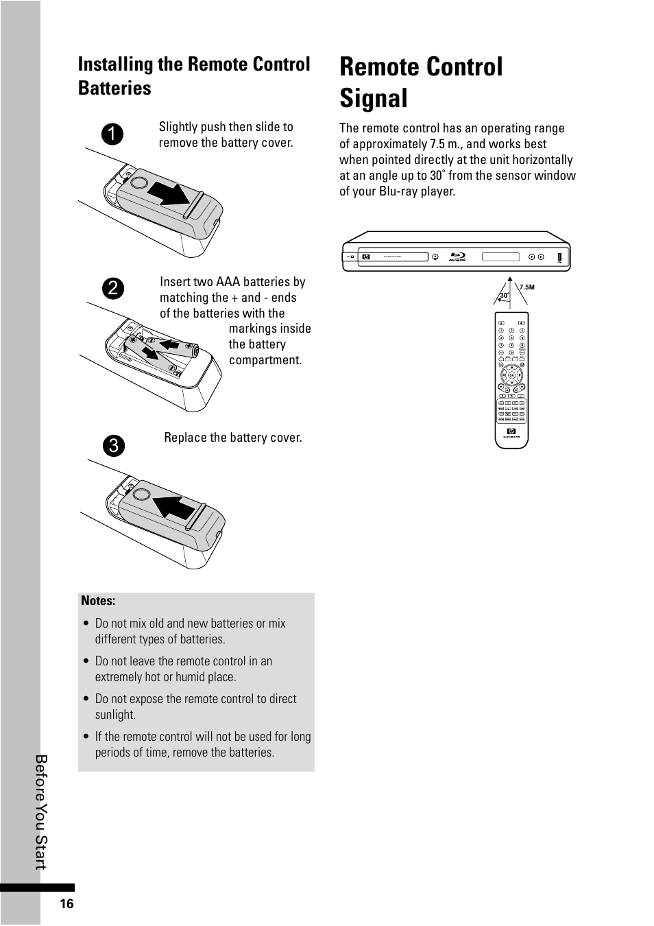 Remote control signal, Installing the remote control batteries | HP BD-2000 Blu-ray Disc Player User Manual | Page 16 / 66