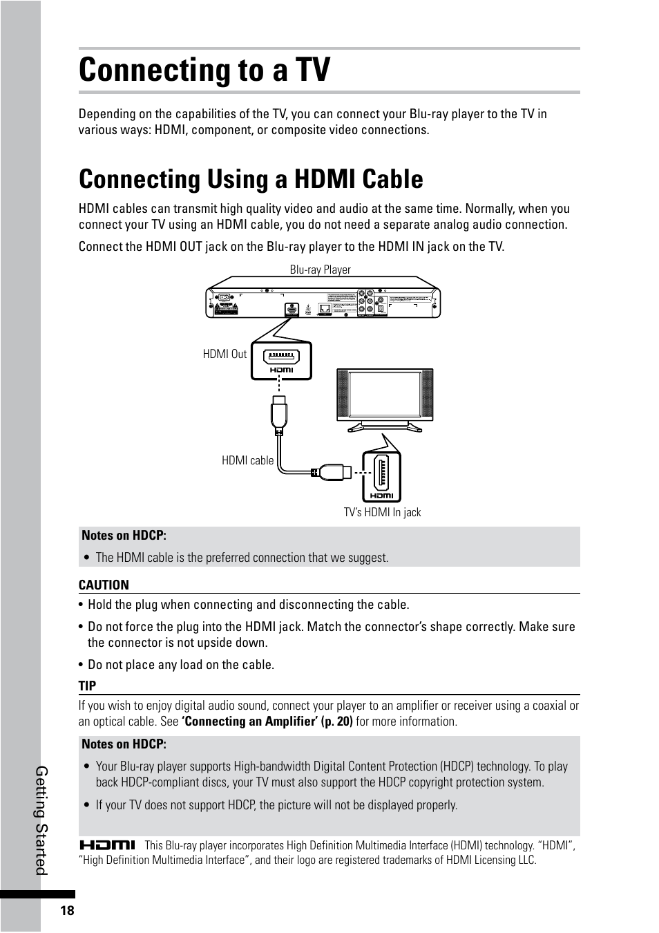 Connecting to a tv, Connecting using a hdmi cable, Get ting star ted | HP BD-2000 Blu-ray Disc Player User Manual | Page 18 / 66