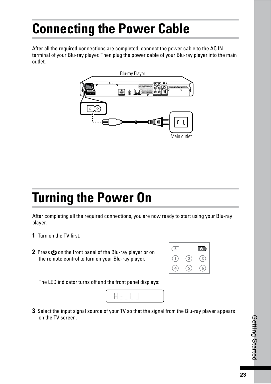 Connecting the power cable, Turning the power on, Get ting star ted | HP BD-2000 Blu-ray Disc Player User Manual | Page 23 / 66