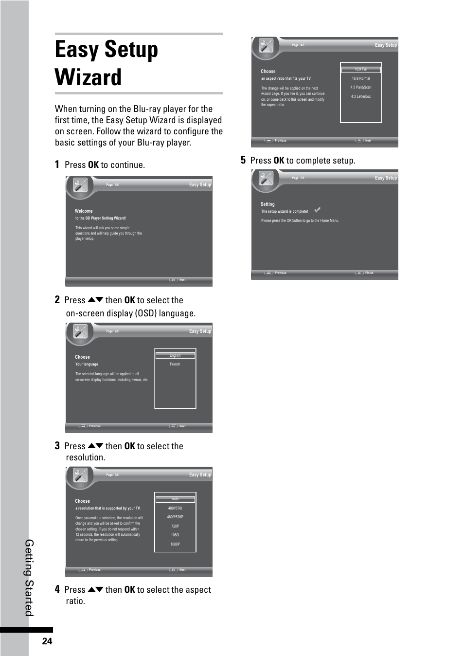 Easy setup wizard, Get ting star ted, Press ok to continue | Press then ok to select the resolution, Press then ok to select the aspect ratio, Press ok to complete setup | HP BD-2000 Blu-ray Disc Player User Manual | Page 24 / 66