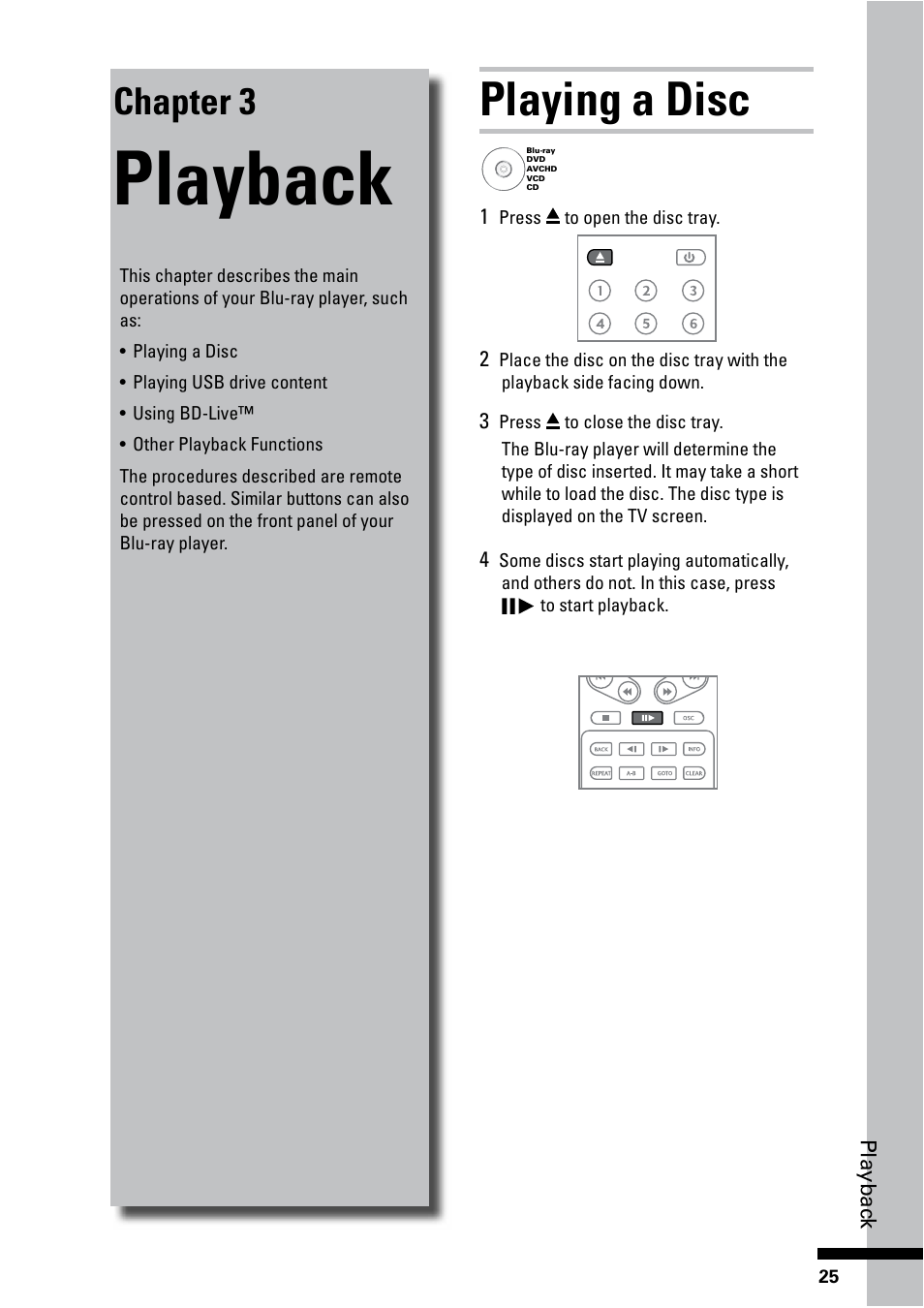 Playback, Playing a disc, Chapter 3 | HP BD-2000 Blu-ray Disc Player User Manual | Page 25 / 66