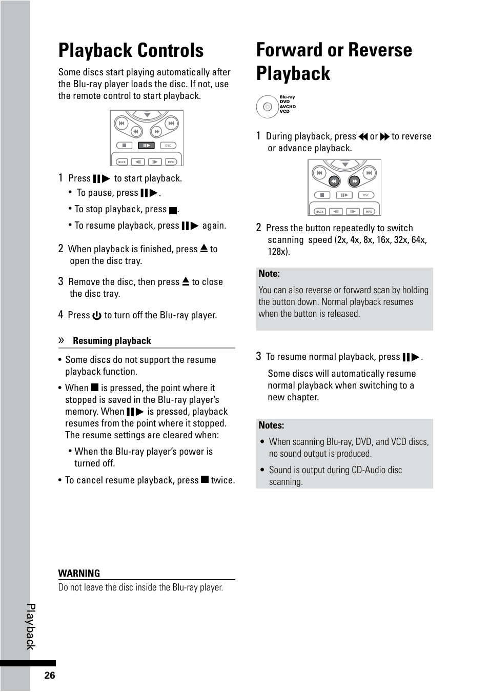 Forward or reverse playback, Playback controls | HP BD-2000 Blu-ray Disc Player User Manual | Page 26 / 66