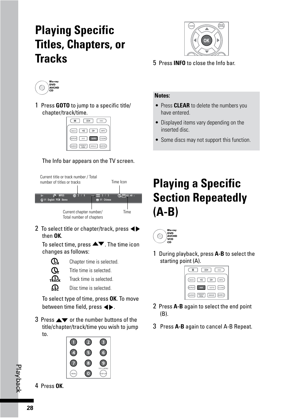 Playing specific titles, chapters, or tracks, Playbac k | HP BD-2000 Blu-ray Disc Player User Manual | Page 28 / 66