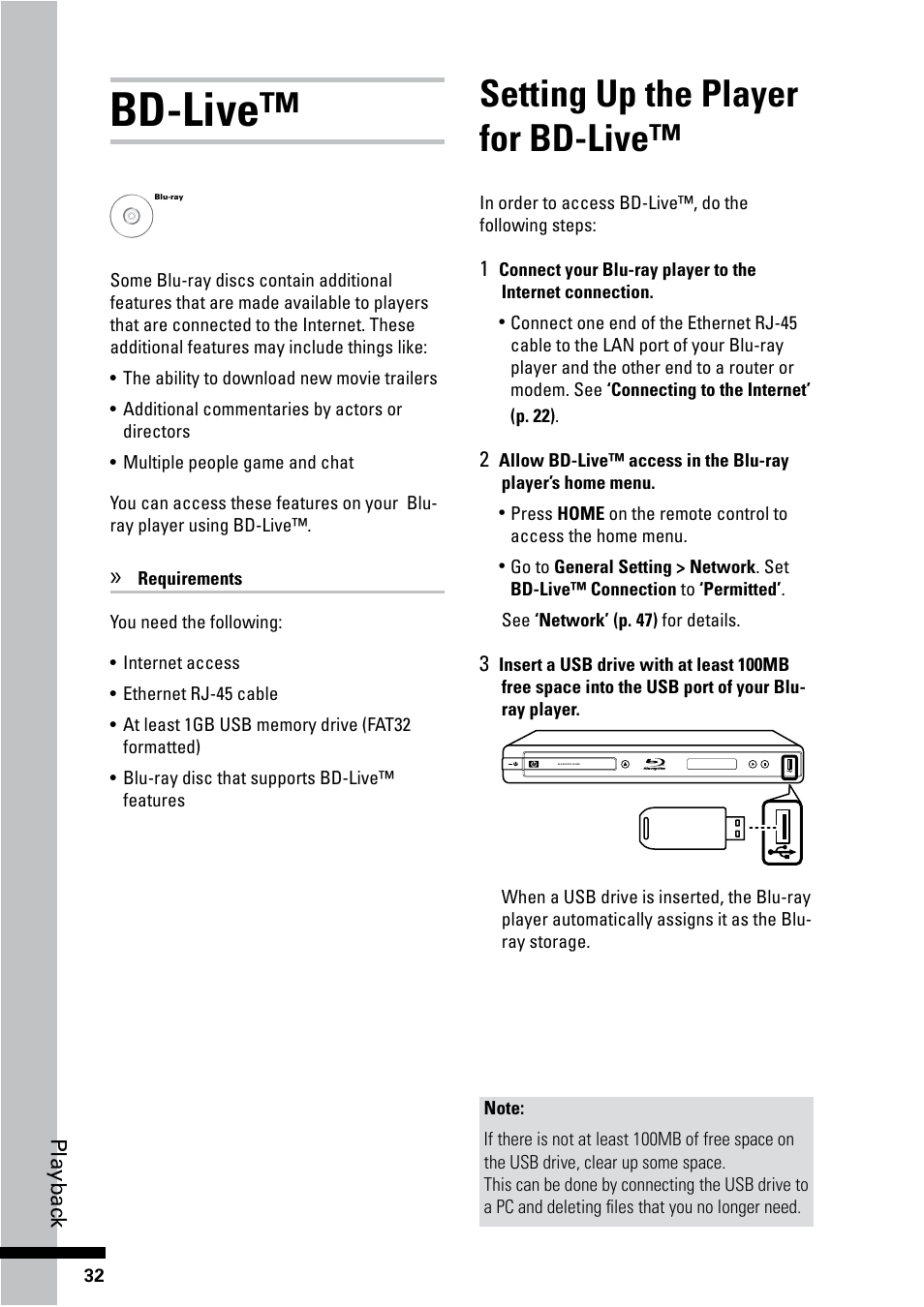 Bd-live, Setting up the player for bd-live | HP BD-2000 Blu-ray Disc Player User Manual | Page 32 / 66