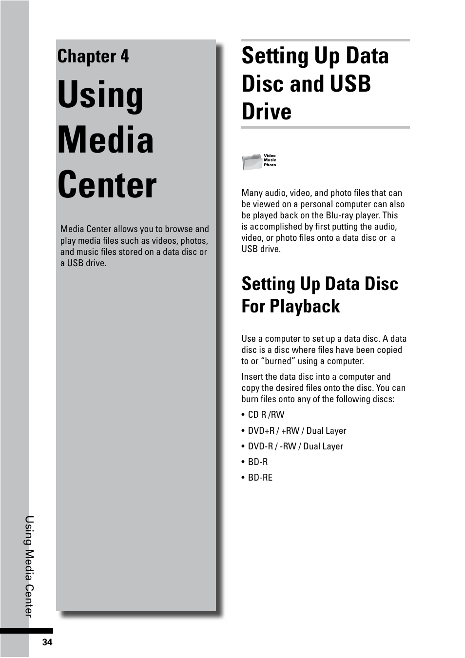Using media center, Setting up data disc and usb drive, Chapter 4 | Setting up data disc for playback | HP BD-2000 Blu-ray Disc Player User Manual | Page 34 / 66